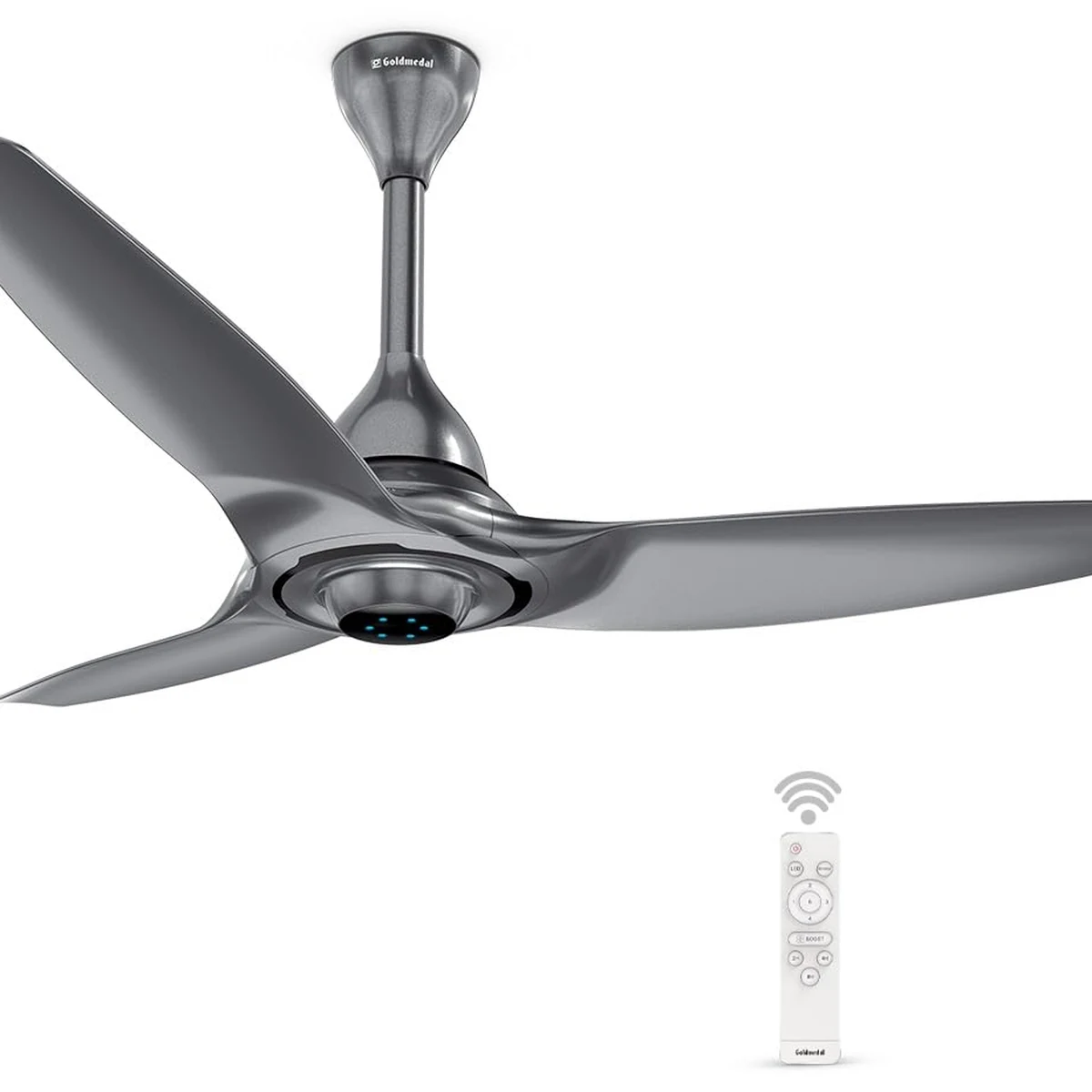 Hush Flo BLDC ceiling fan in Slate Grey, full view with remote